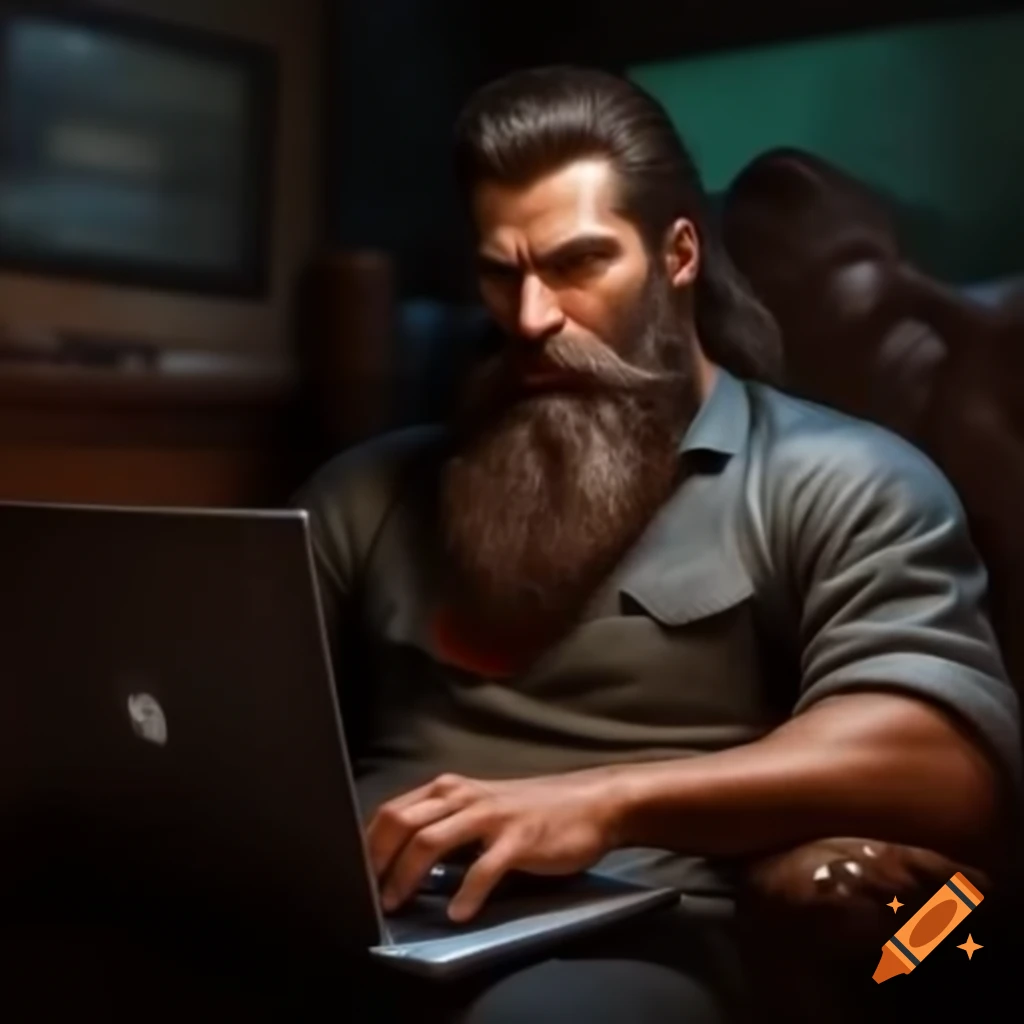 Man with beard working on laptop