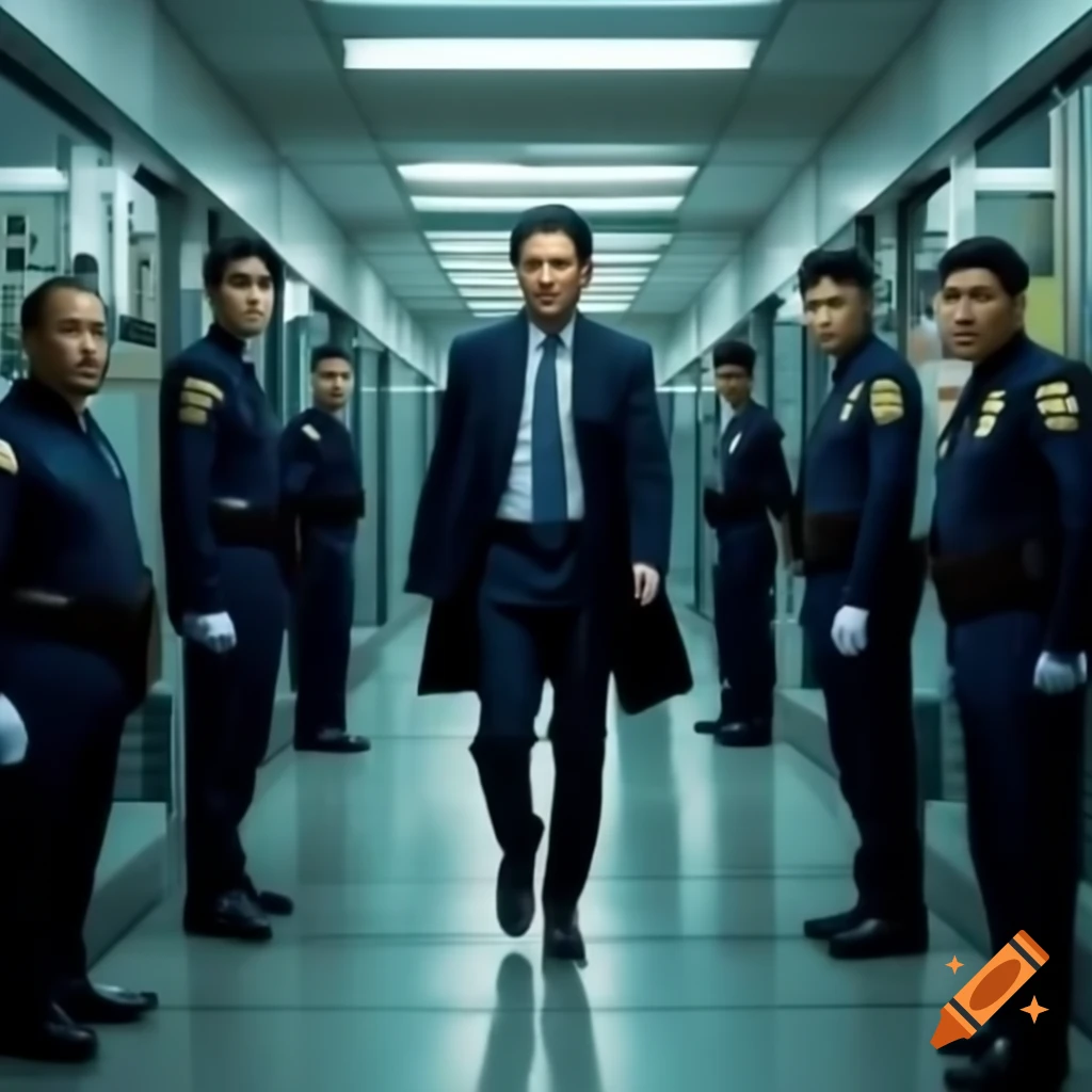 Character walking through police station corridor with officers in background