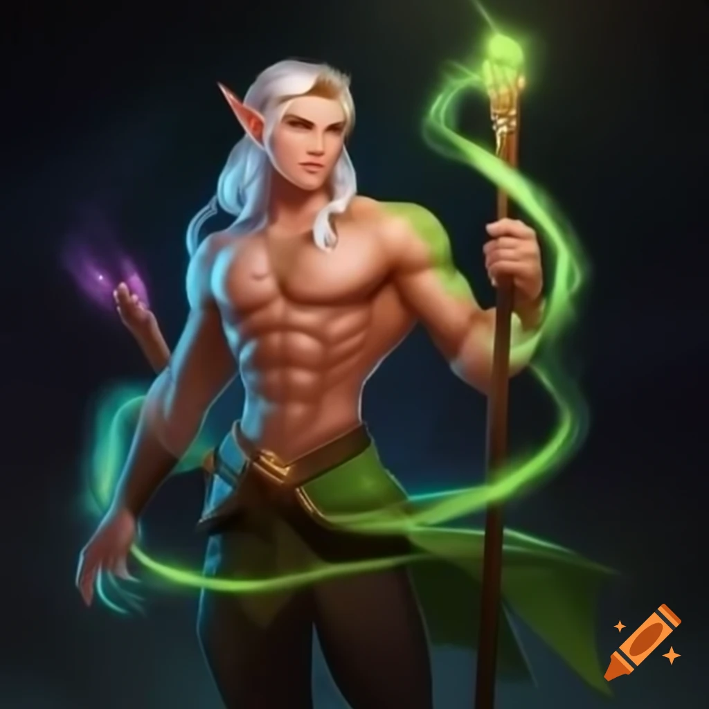 Male elf warrior bodybuilder with magical staff and blond hair