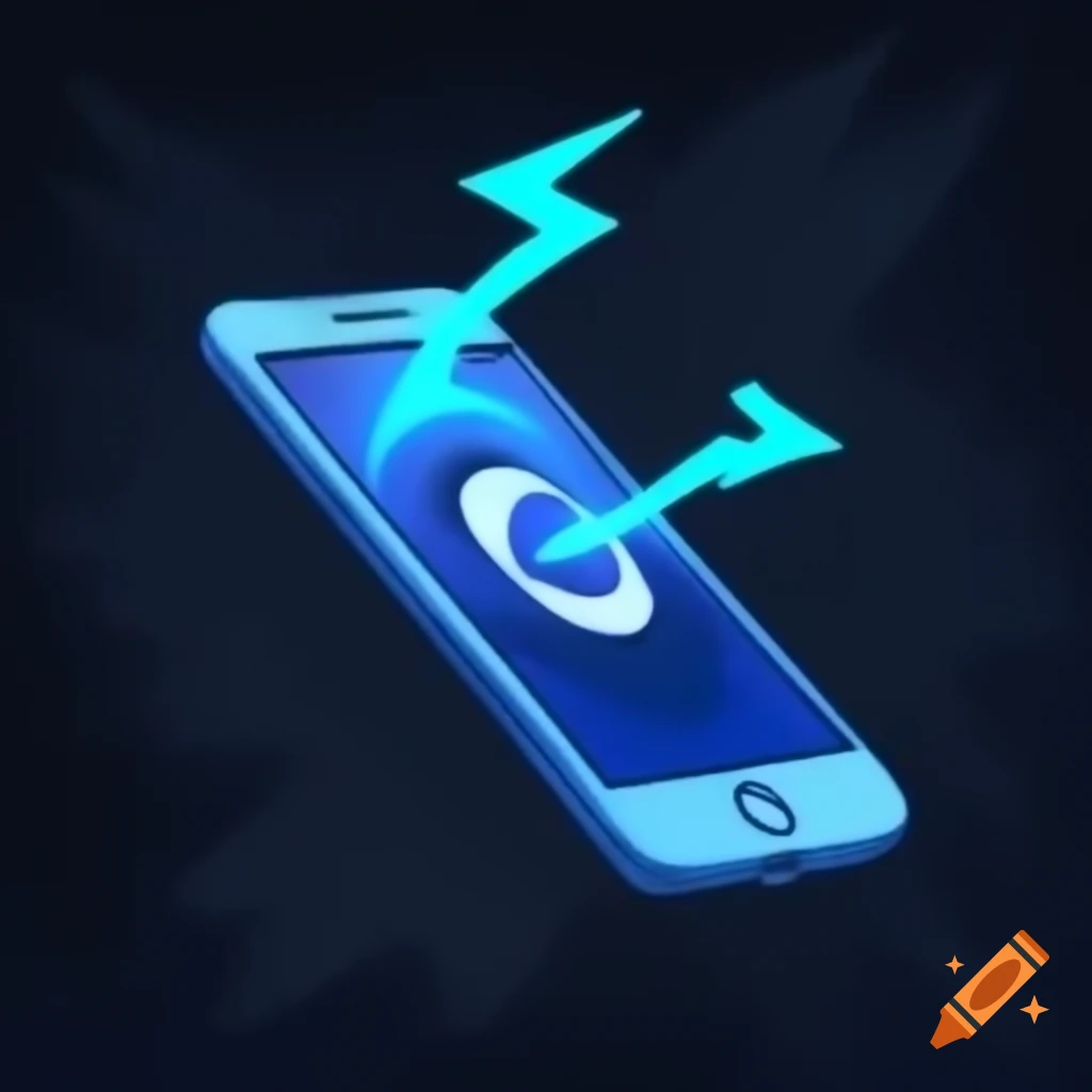 Comic illustration of an iPhone being hacked with blue lightning in dark atmosphere