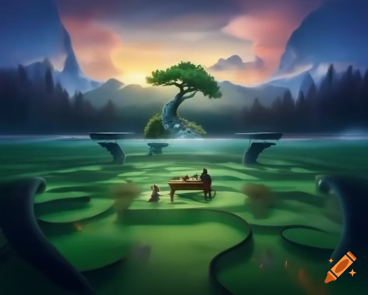 Surreal realm with porcelain fairy goddess on wooden table in enchanted forest