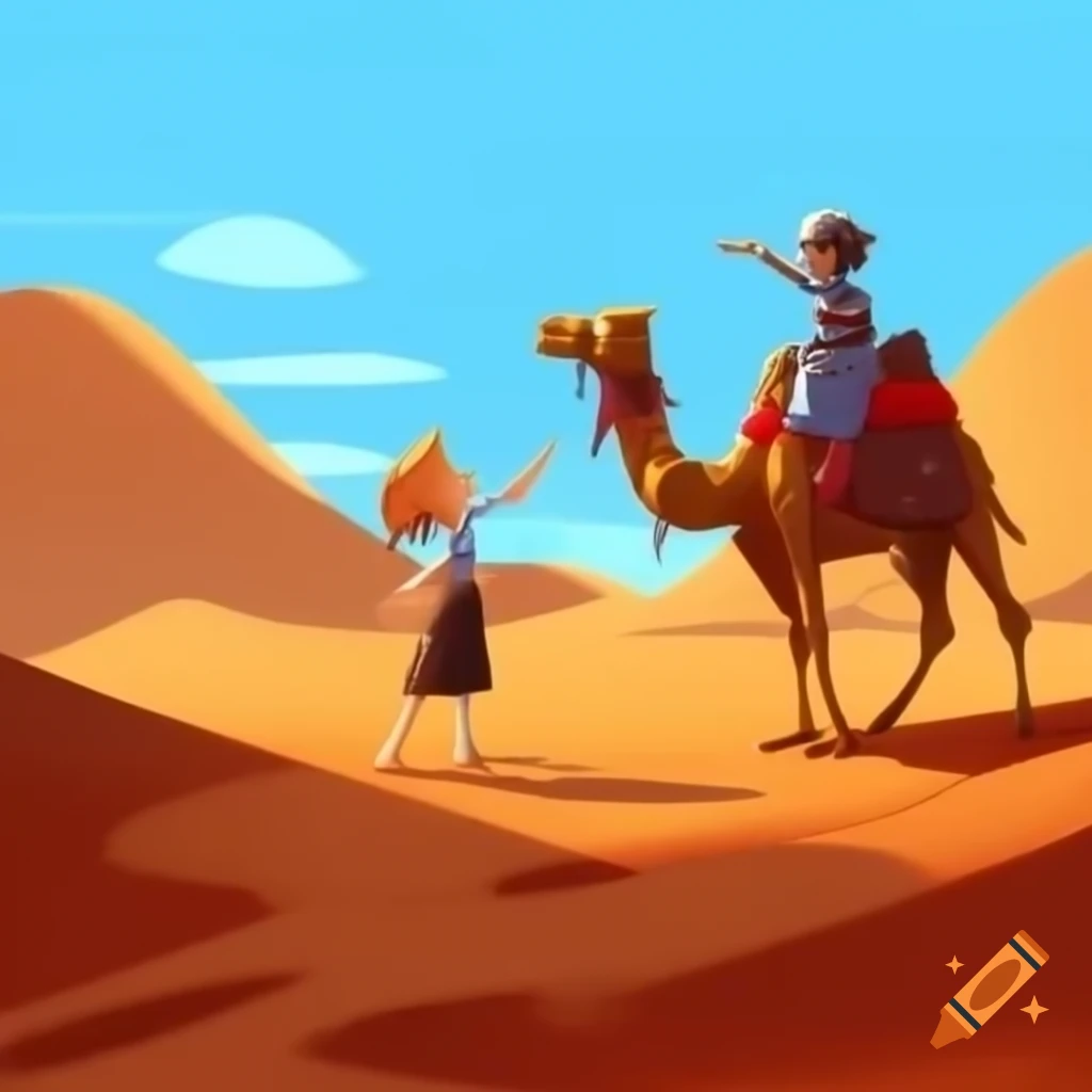 Character riding a camel pointing out to the desert