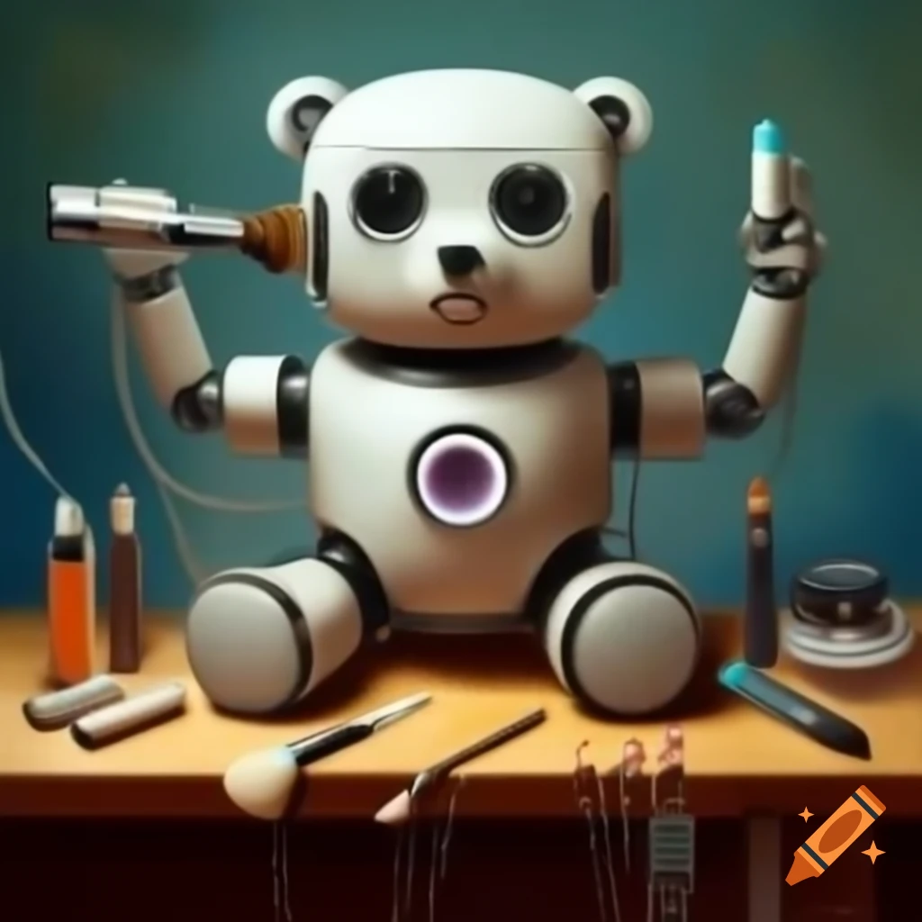 Cute teddy bear-like makeup robot with cameras and makeup brushes