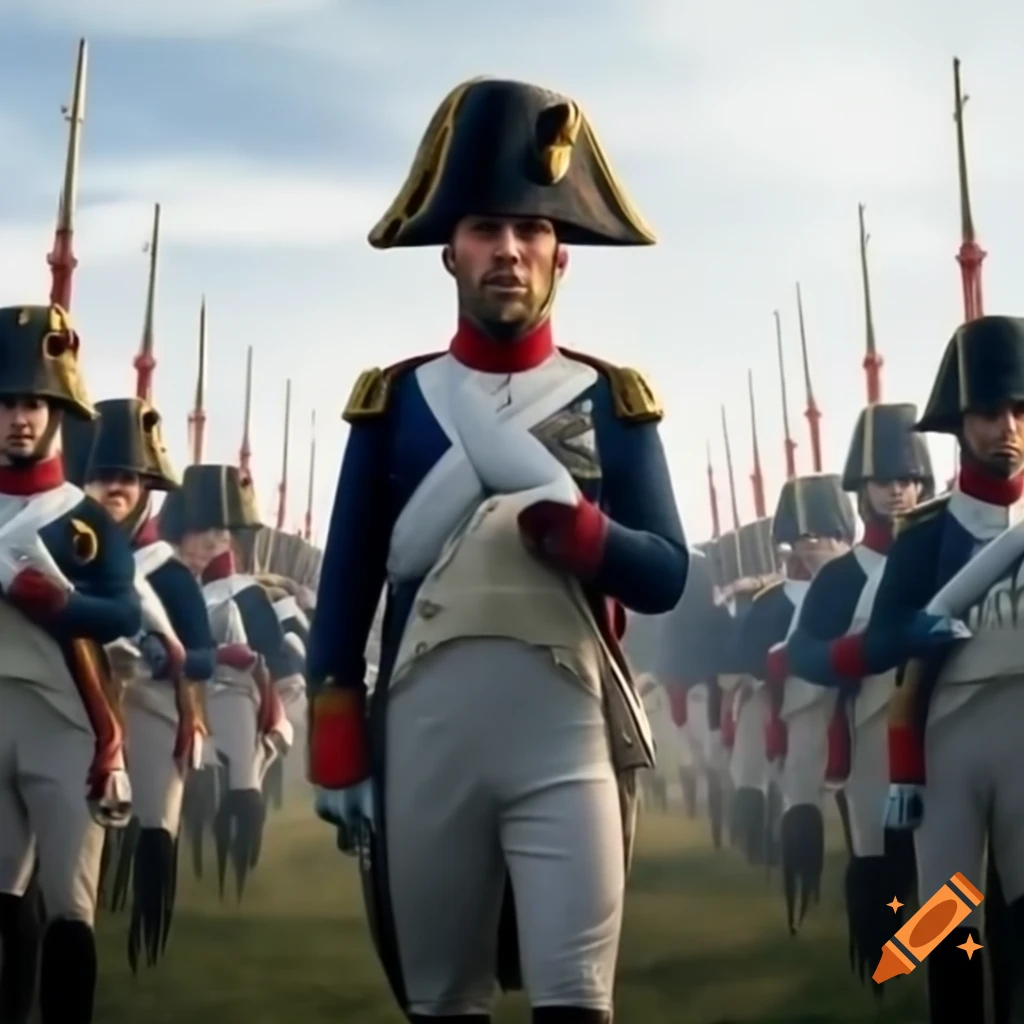Napoleon's imperial Old Guard soldier in bearskin hat marching in battle