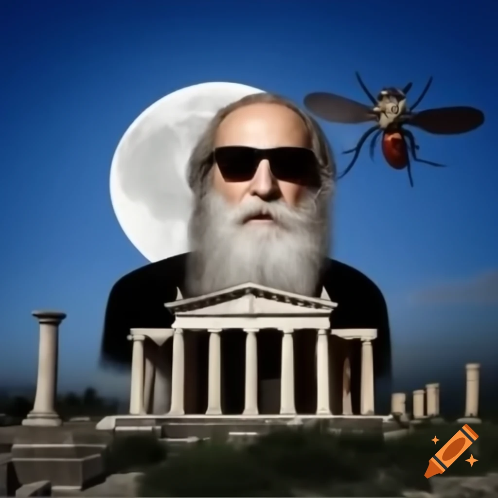 Greek philosopher Plato with sunglasses singing in Athens