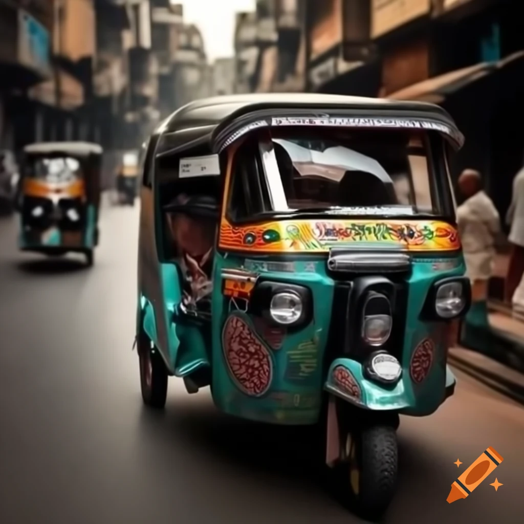 Colorful tuk tuk racing through vibrant Indian streets with passengers