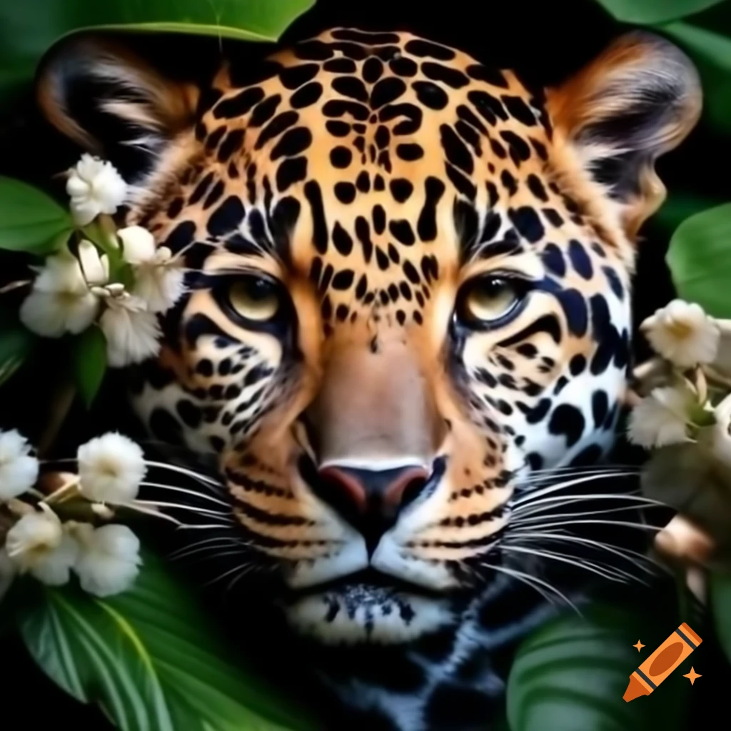 Jaguar camouflaged behind leaves and flowers in forest