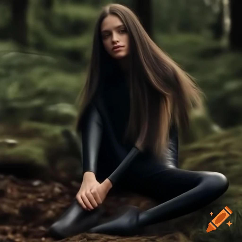 Young woman with black hair in leather leggings sitting in the woods