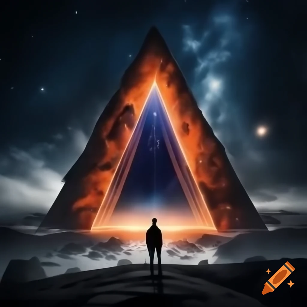 Silhouette of man at cliff facing orange plasma portal with starry night