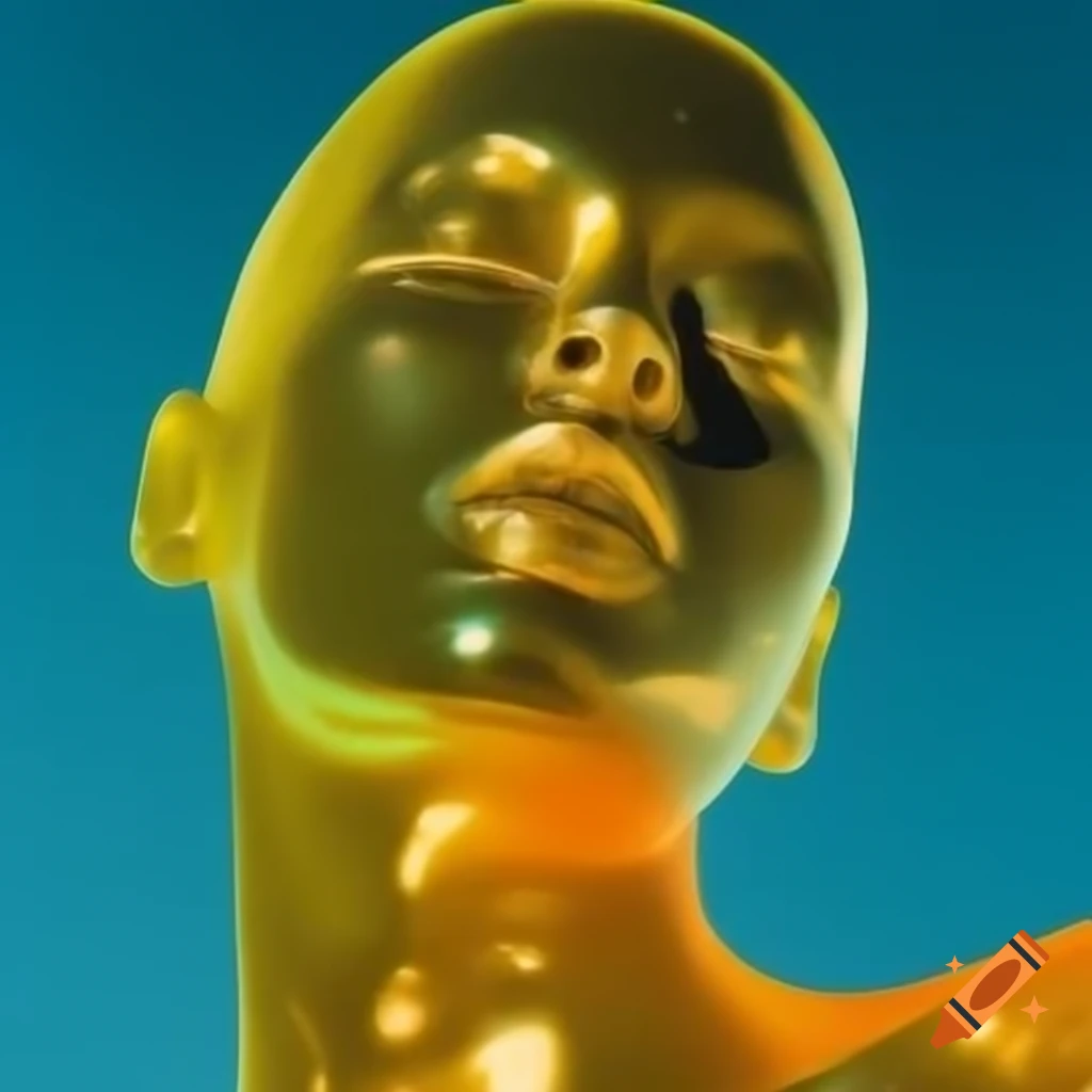 Pop surreal photography featuring iridescent yellow glass statue