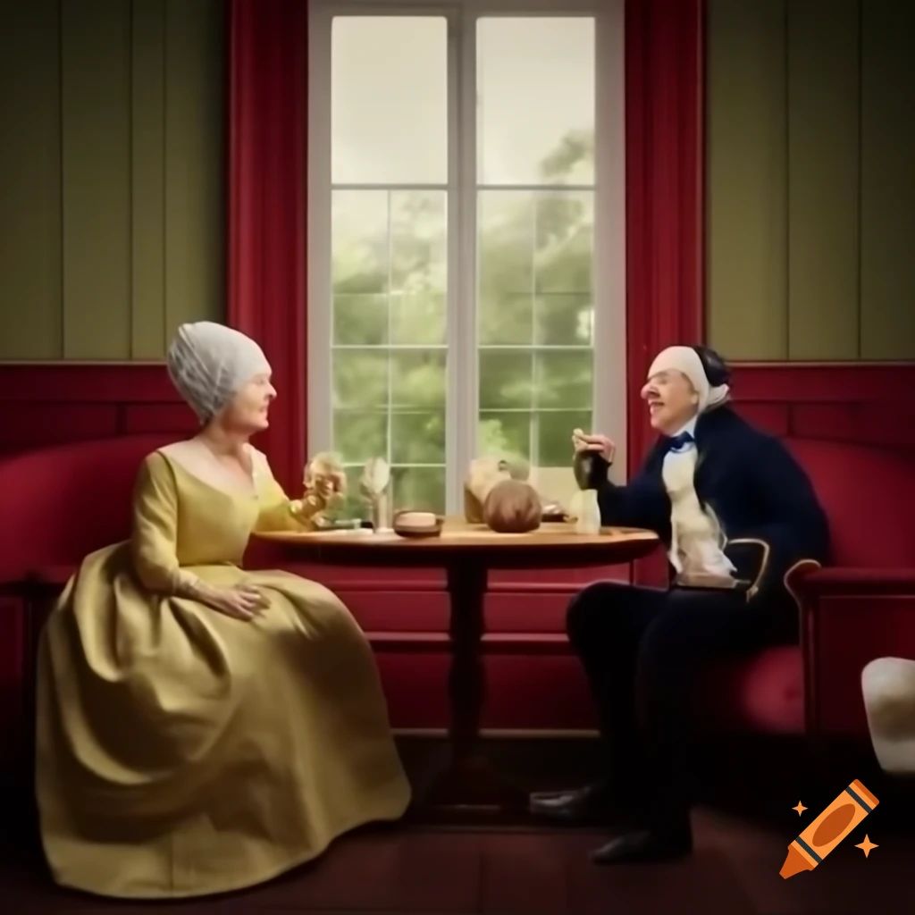 18th century aristocrats enjoying ice cream in luxurious room with tall windows