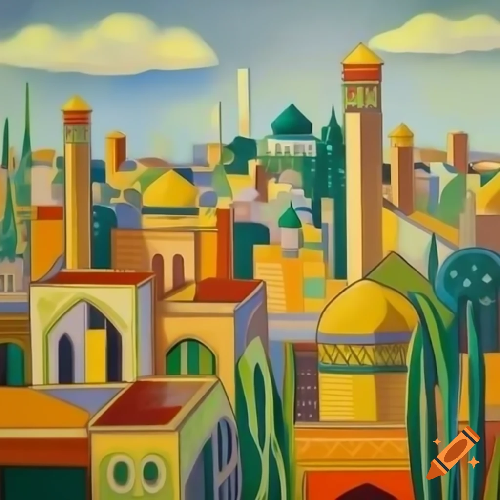 Skyline of Shiraz in the style of Picasso and Norman Rockwell