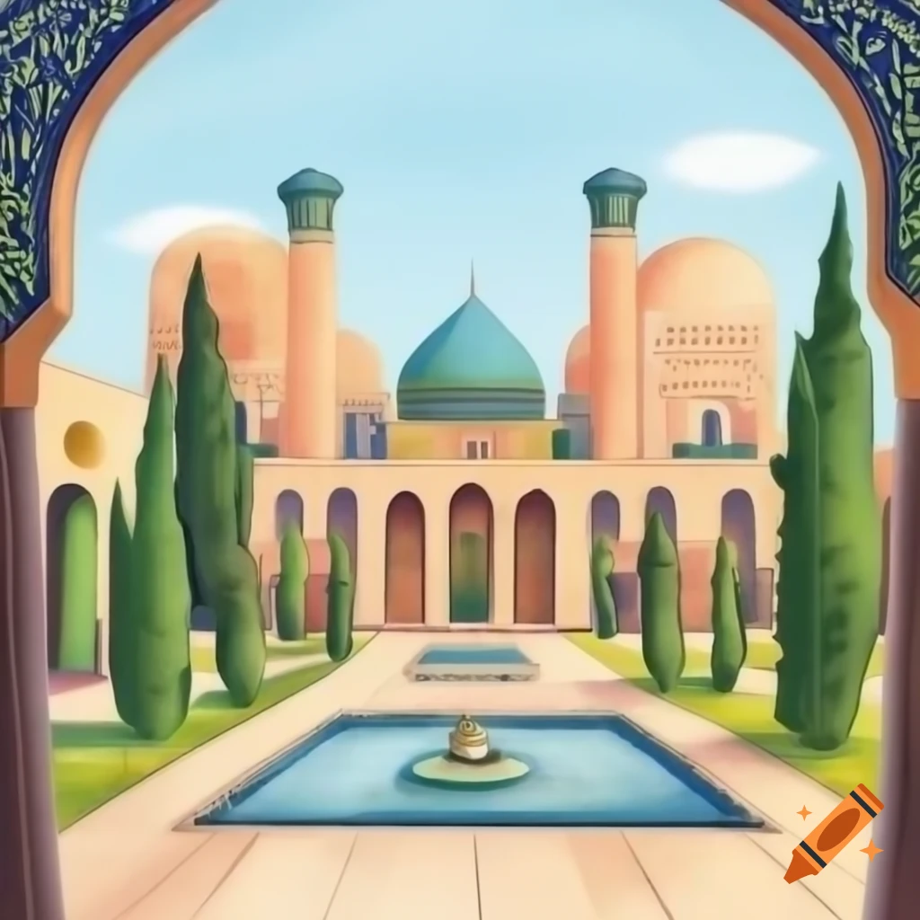 Persian garden with arches, domes, cypress trees, and fountain in avatar cartoon art style