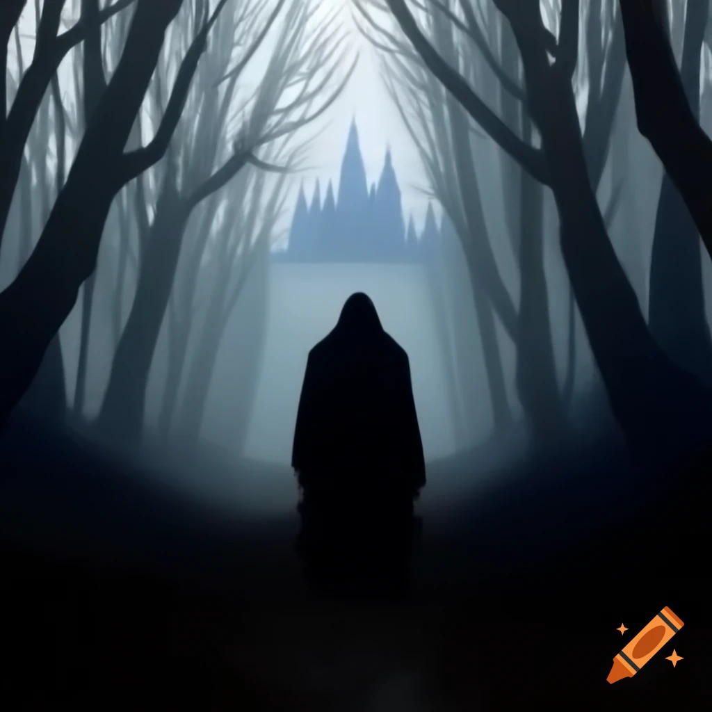 Shadowy figure at foggy forest edge with distant castle outlines