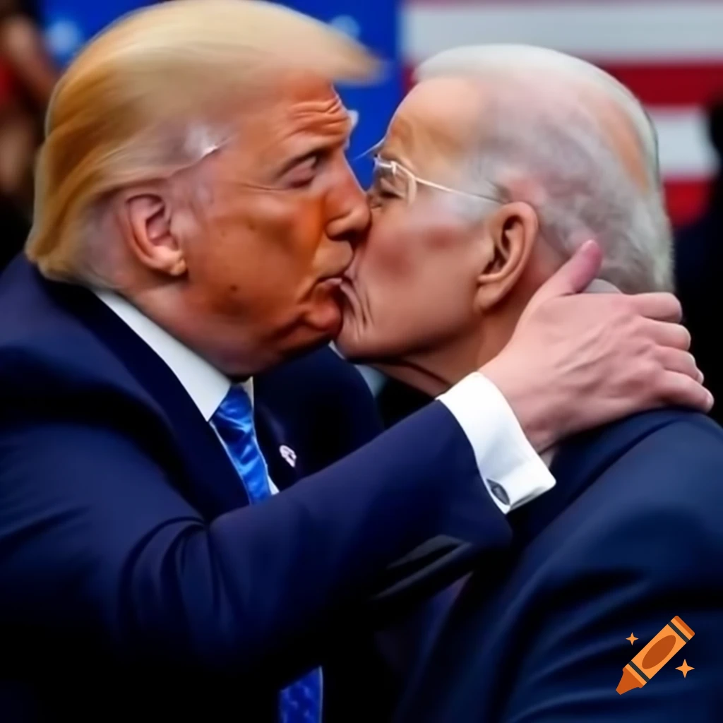 Political caricature of Donald Trump and Joe Biden sharing a kiss