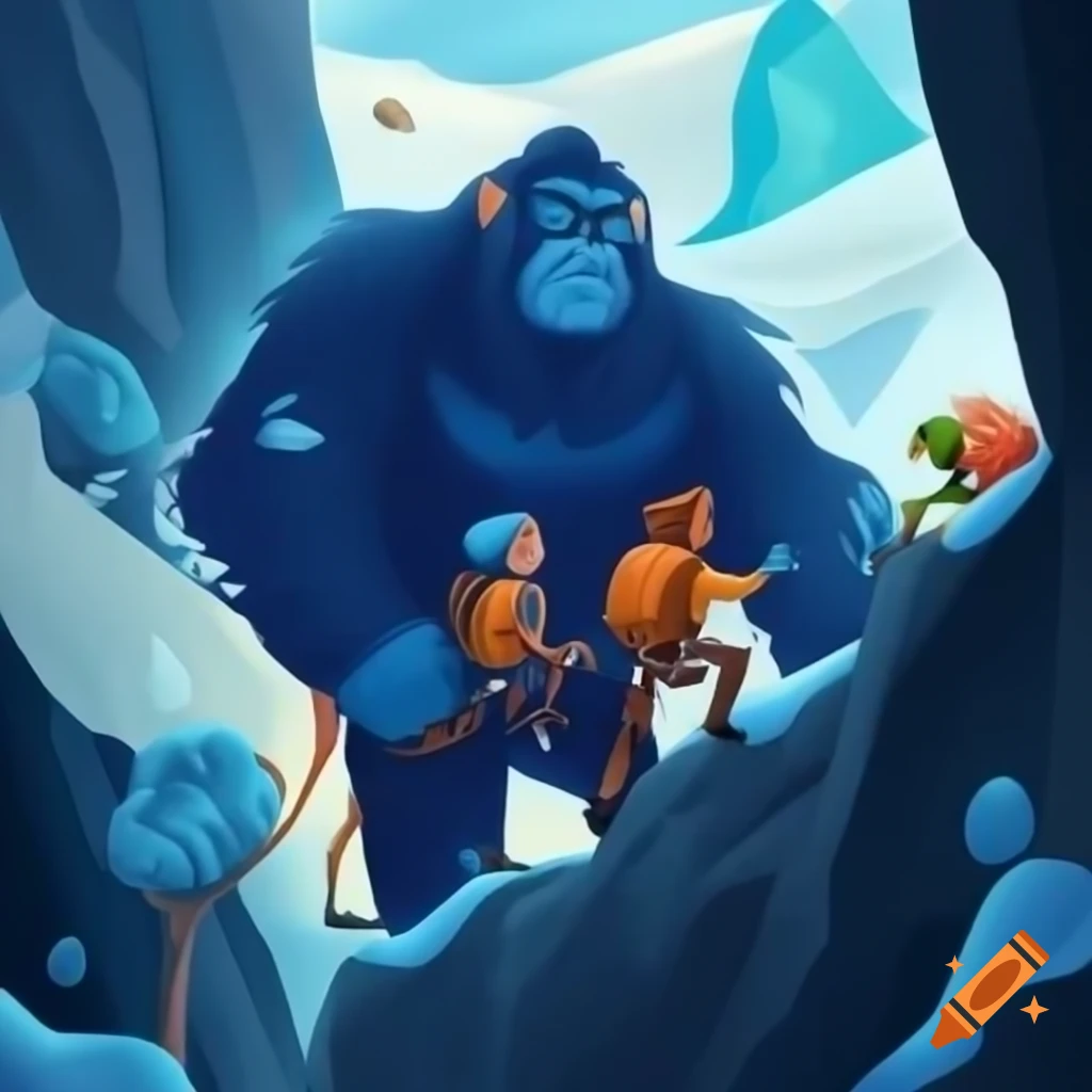 Four friends climbing a blizzard-struck mountain, including adults and a child with a blue and white creature