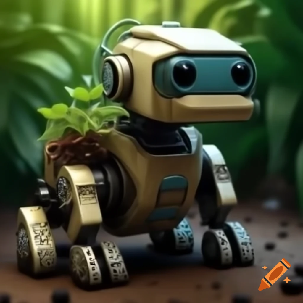 Robot dog merging with plants, showcasing nature and technology fusion