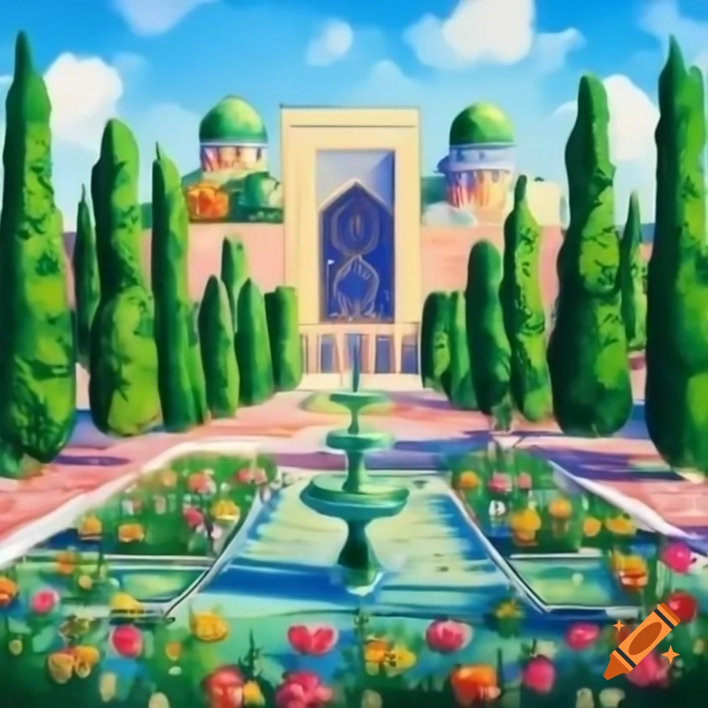 Watercolor painting of Persian garden with cypress trees, colorful flowers, and architectural arches