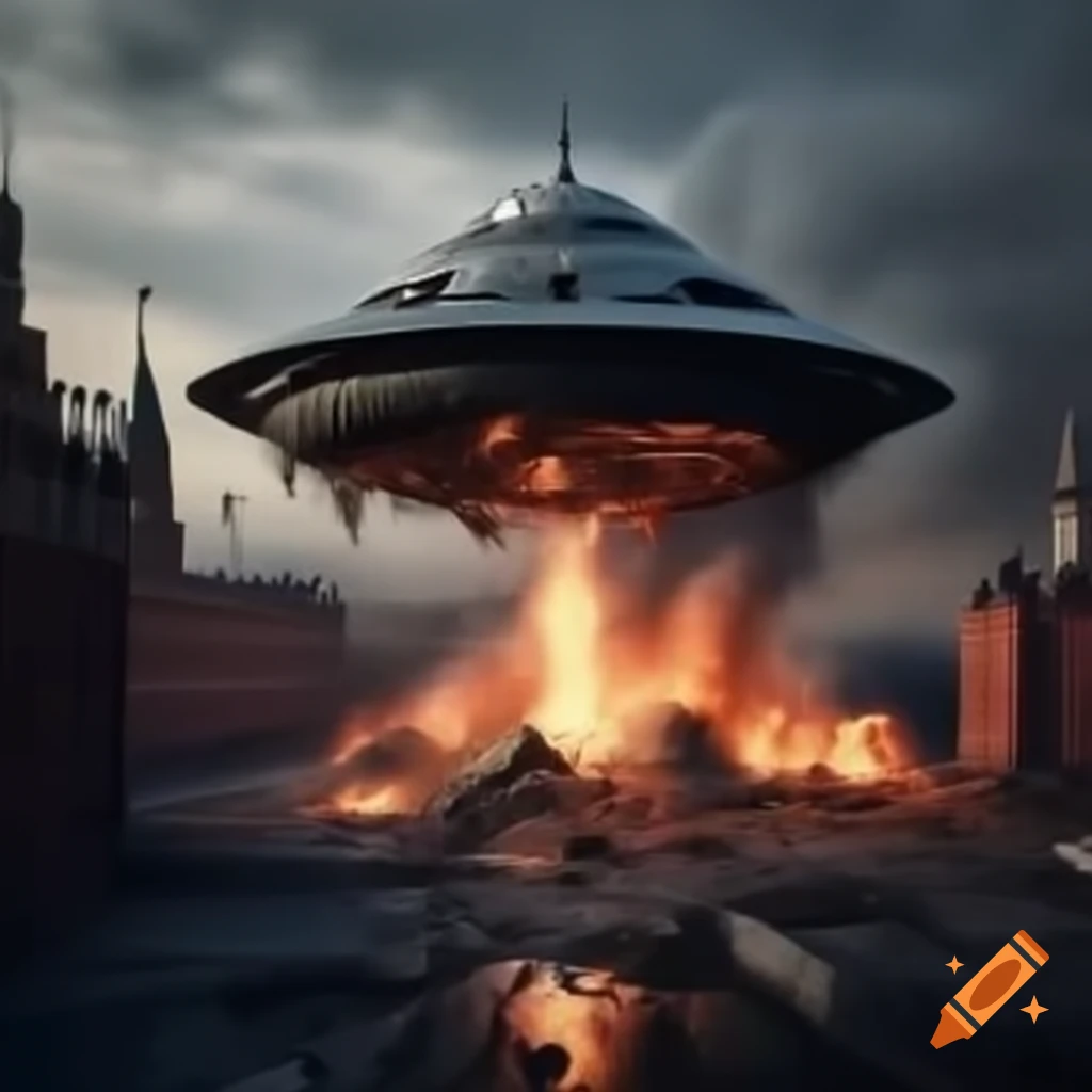 Hyper-realistic photo of flying saucer shooting fire at Moscow Kremlin