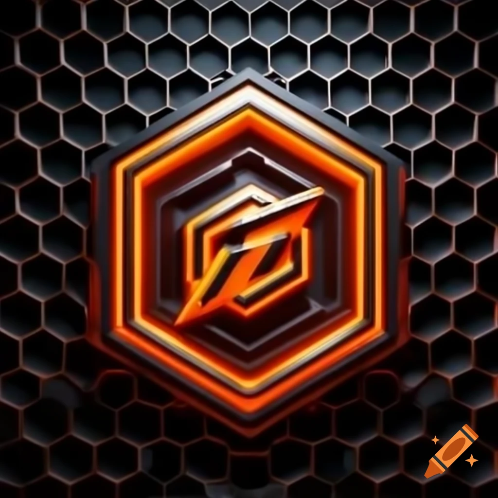 3D hexagonal logo in orange on matte black and gray honeycomb backdrop