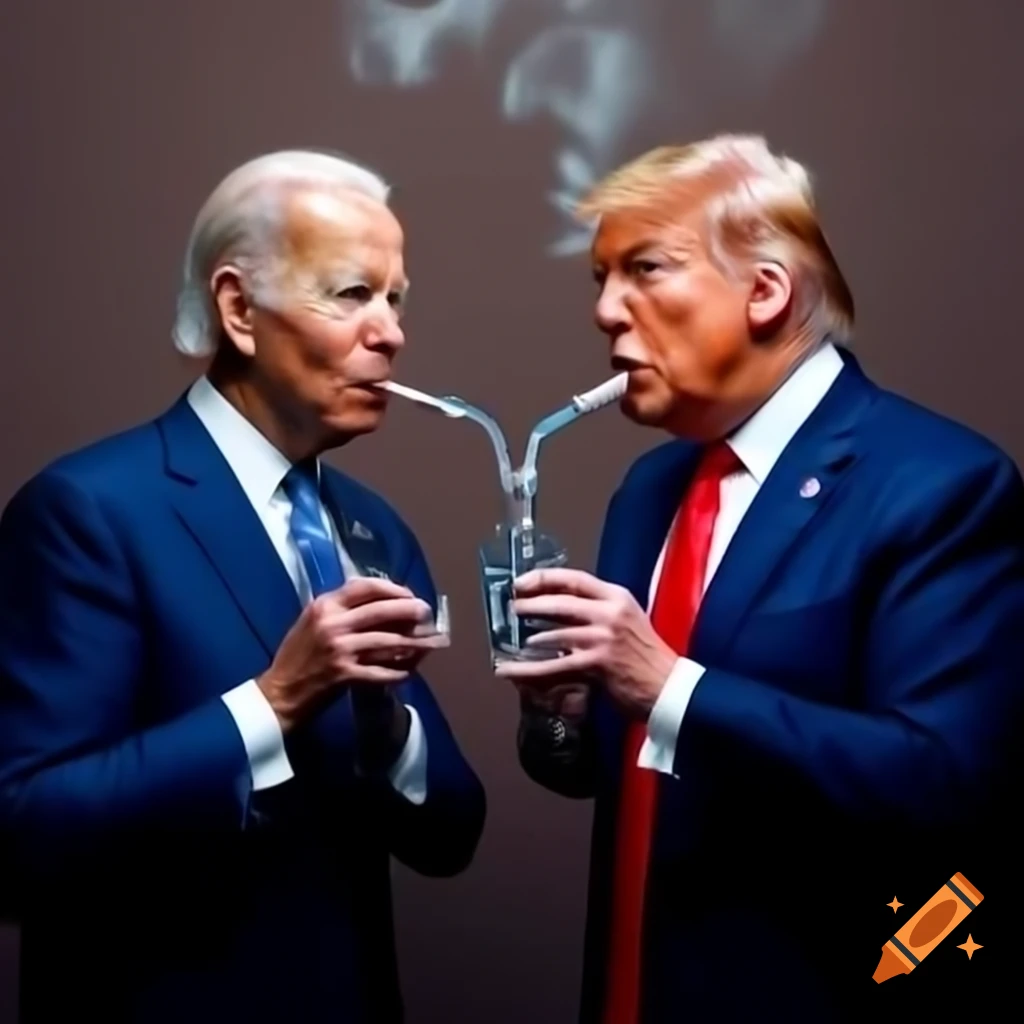 Joe Biden and Donald Trump sharing a humorous moment while smoking