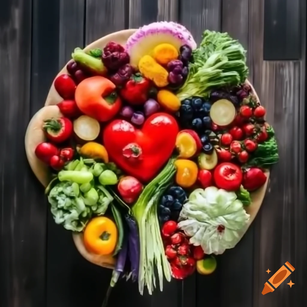 Vibrant poster with colorful fruits and vegetables surrounding a smiling heart, promoting nutrition