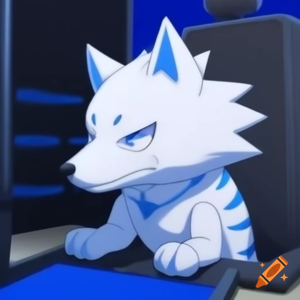 Anime style digital wolf with blue stripes inside a computer screen