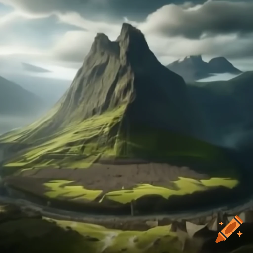 Viking drakkar in mountain with surrounding Viking city