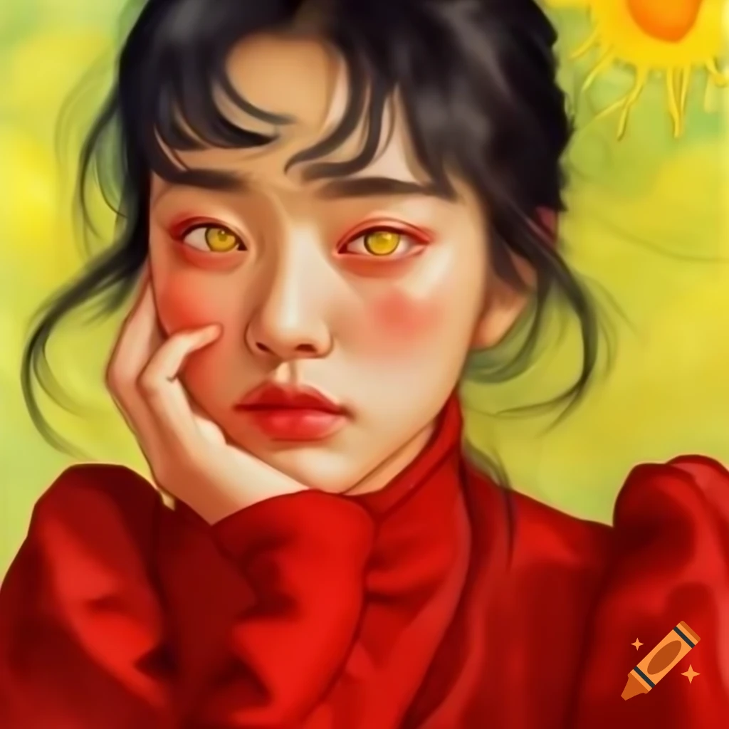 Detailed animated portrait of Korean woman with yellow eyes in red, inspired by Van Gogh