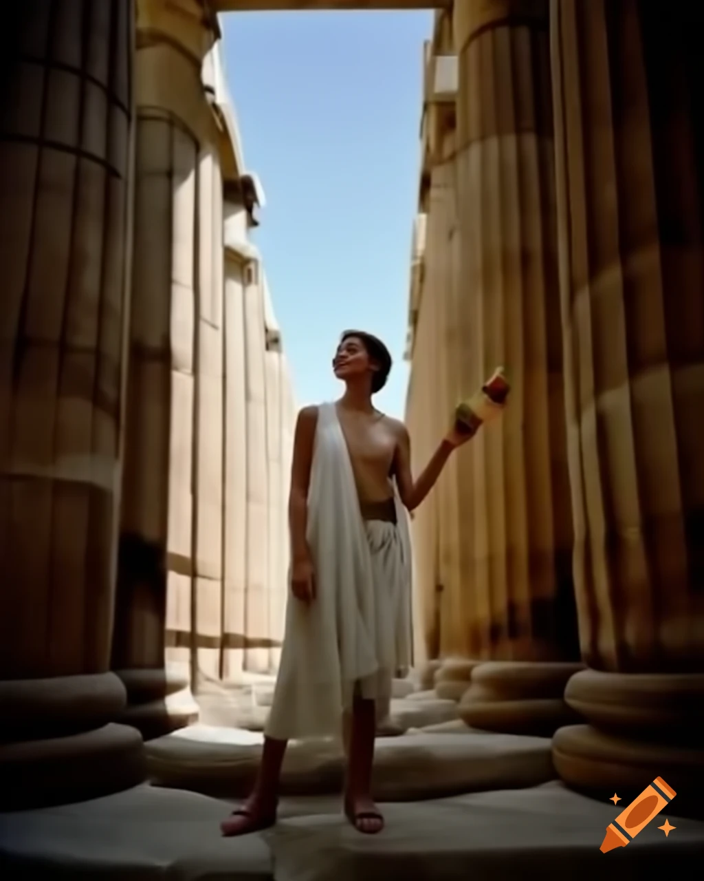 Young woman in toga at Greek temple holding apple