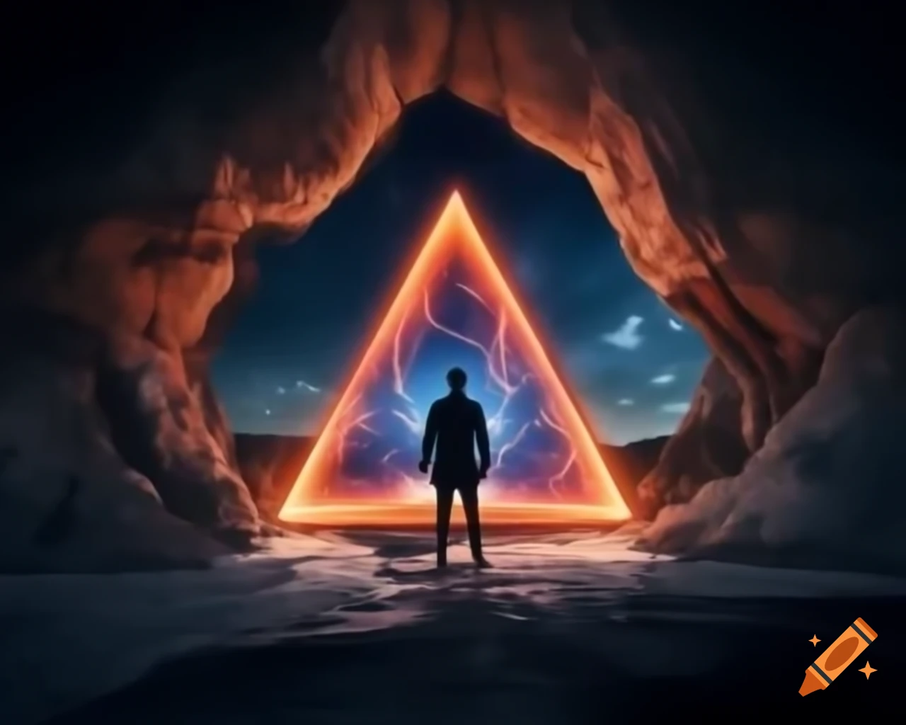 Silhouette of man at cliff edge facing giant orange plasma portal in starry night
