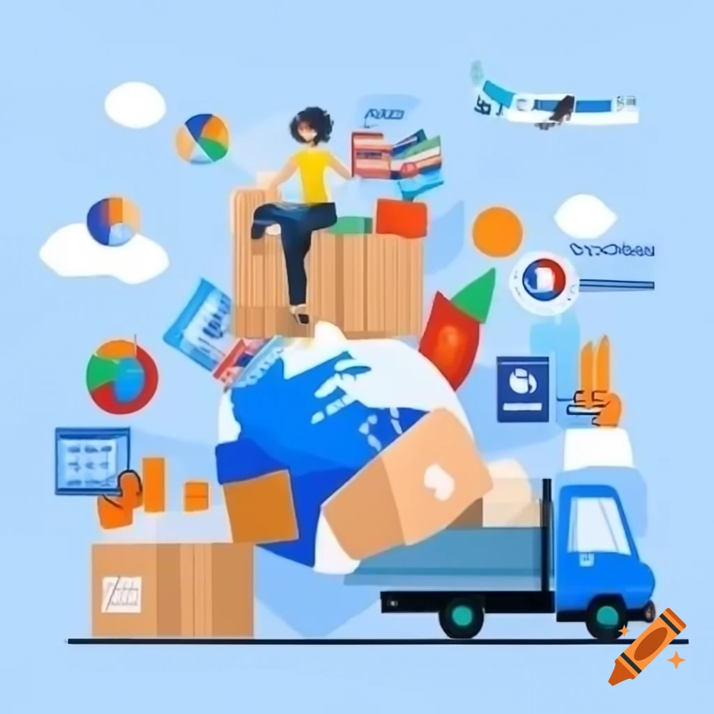 Delivery Scene With Person Truck Jet And Globe Showcasing Routes Of delivery-scene-with-person-truck-jet-and-globe-showcasing-routes-of