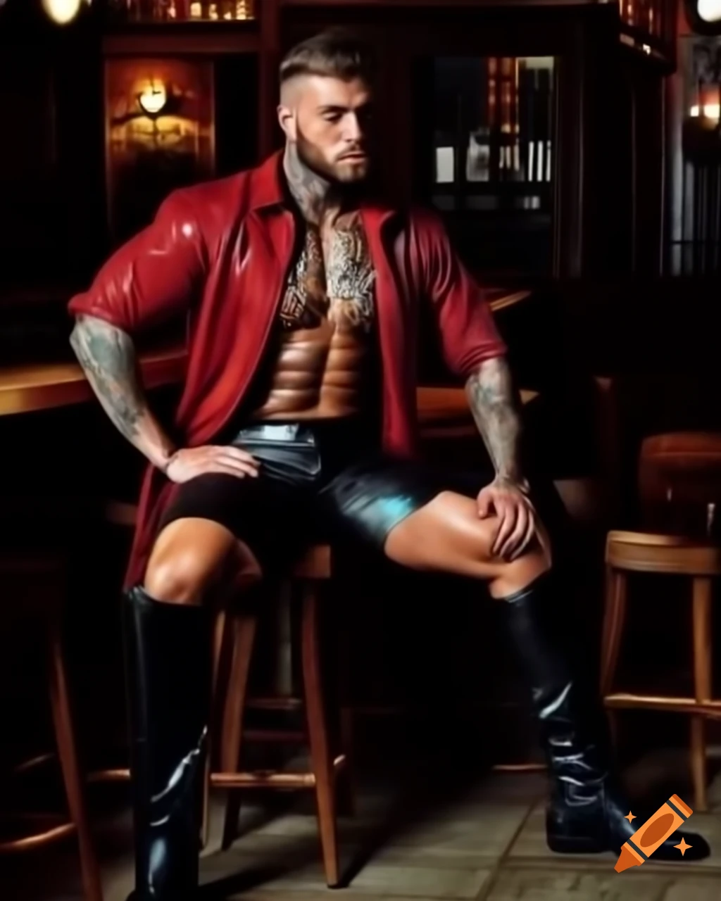 Muscled man in leather shorts and long boots with tattoos and shimmering red shirt in a pub