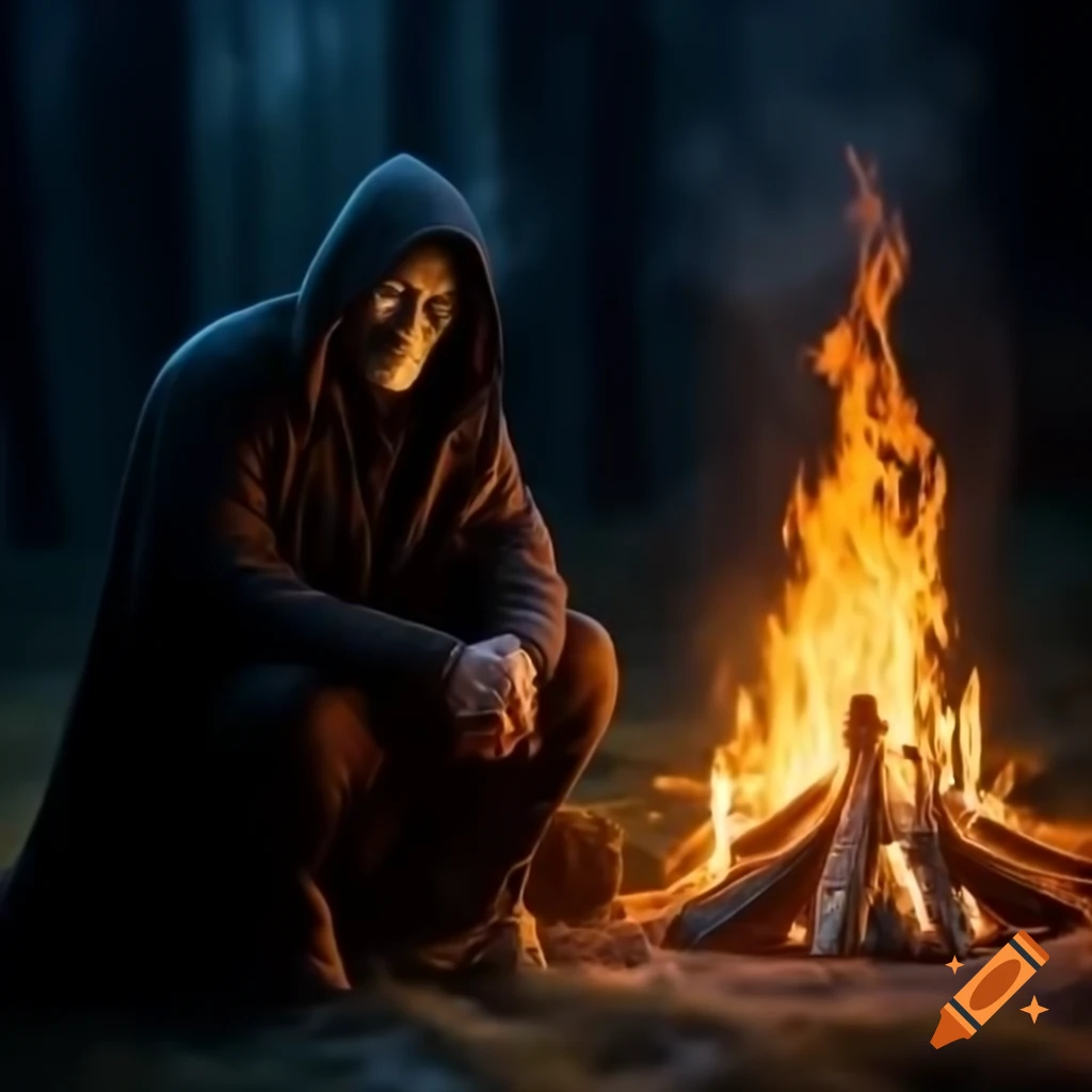 Mysterious man in black cloak by campfire with sinister smile