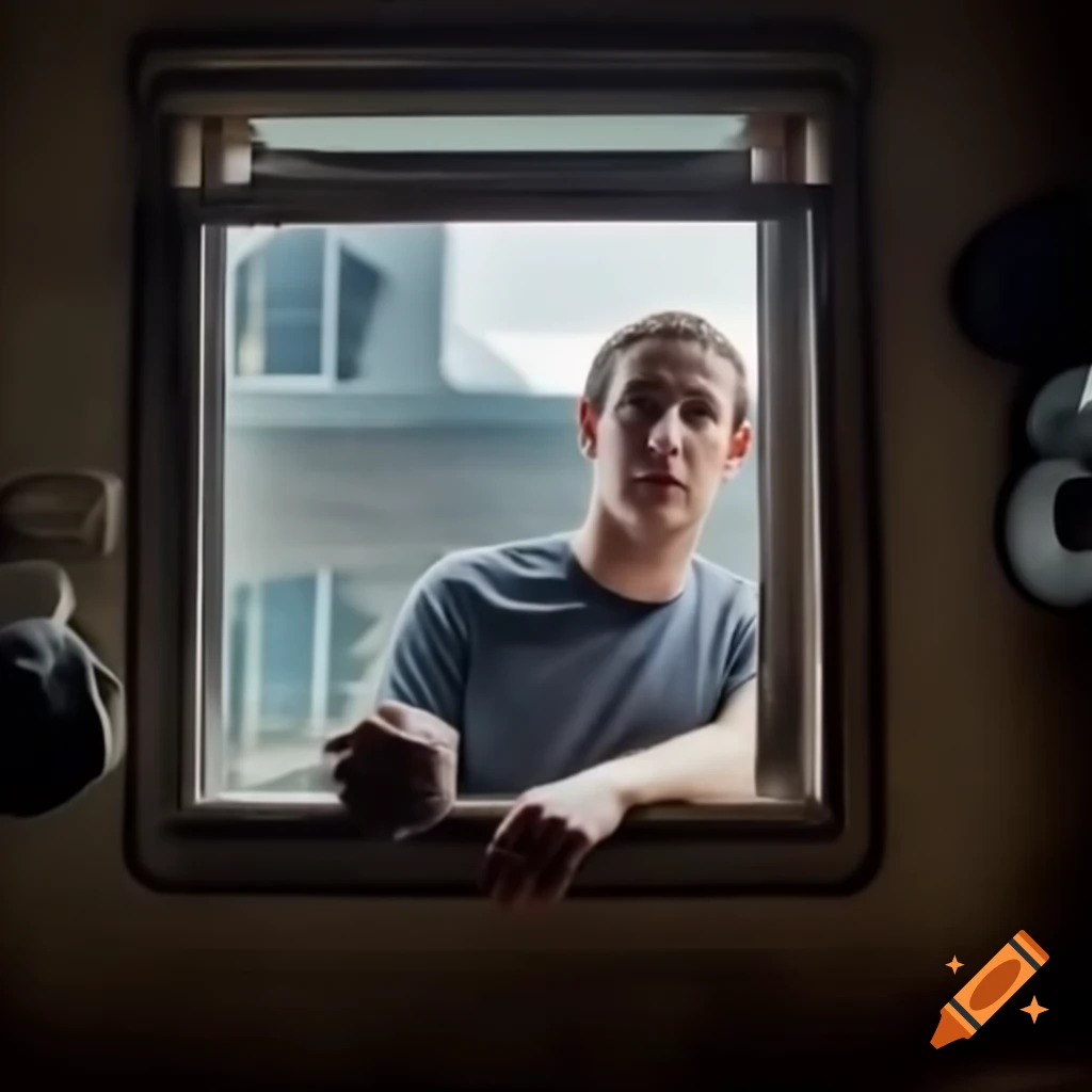 Mark Zuckerberg peeking from a window with technology gear