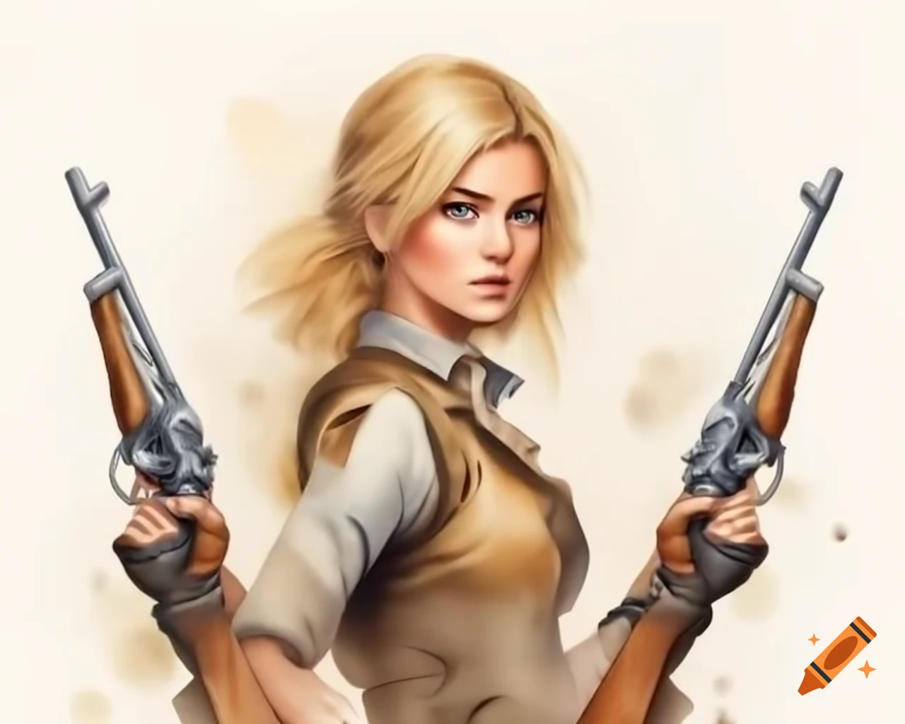 Sandy blonde female gunslinger wielding two pistols