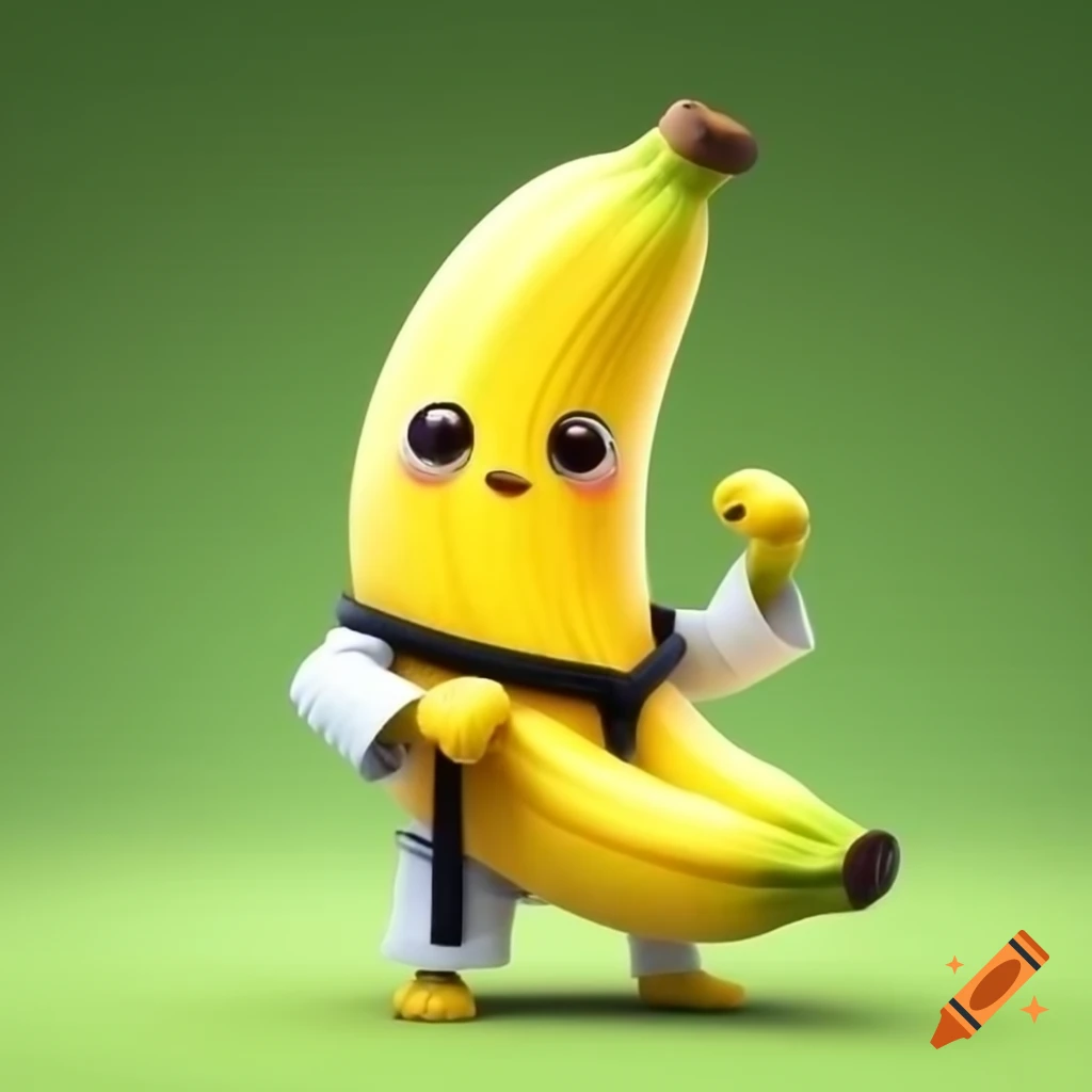 Cartoon banana in taekwondo dobok with black belt
