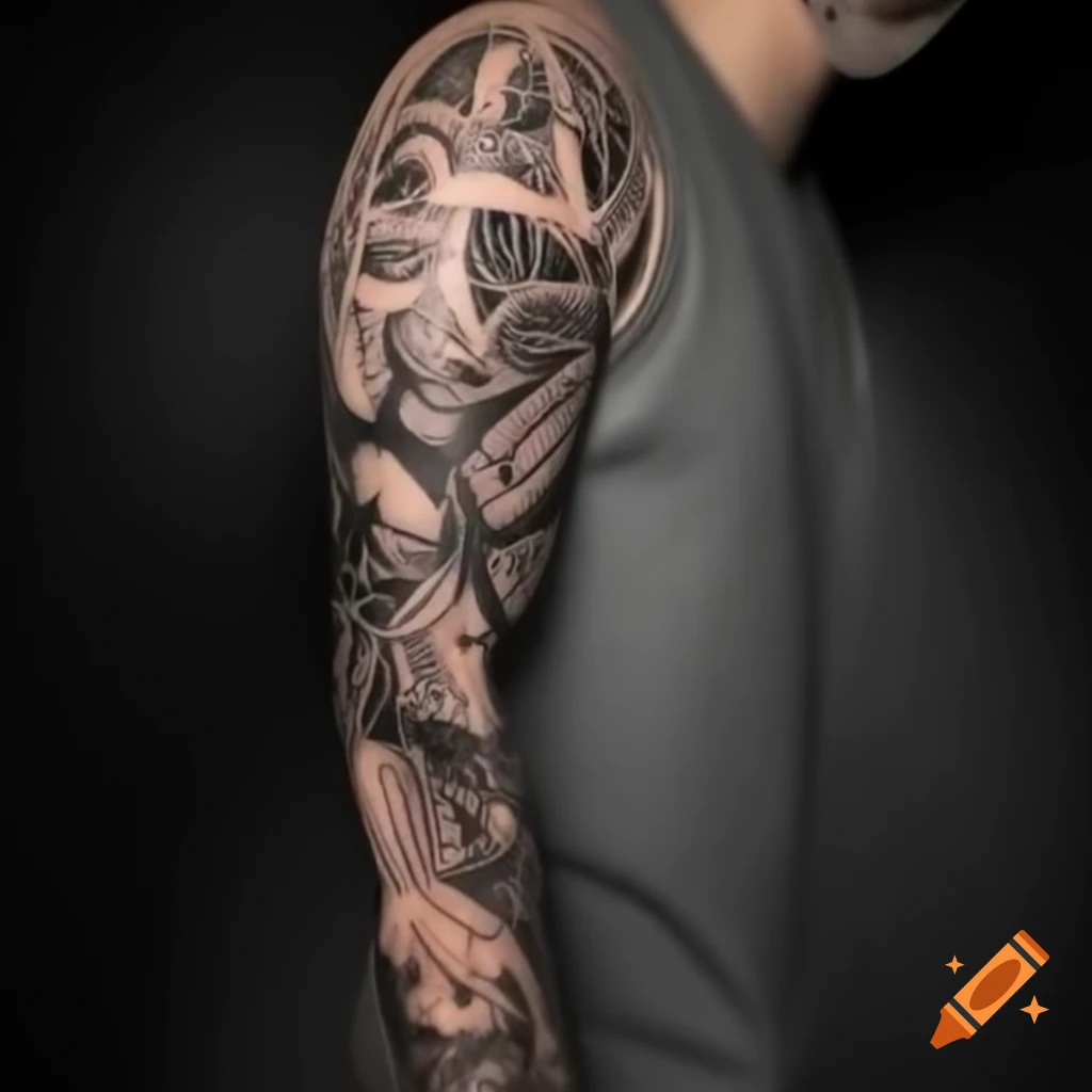 Sleeve tattoo design featuring compass, clock, and nature elements