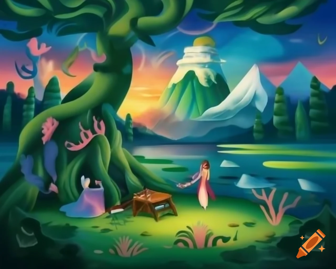 Porcelain fairy goddess on wooden table in enchanted forest