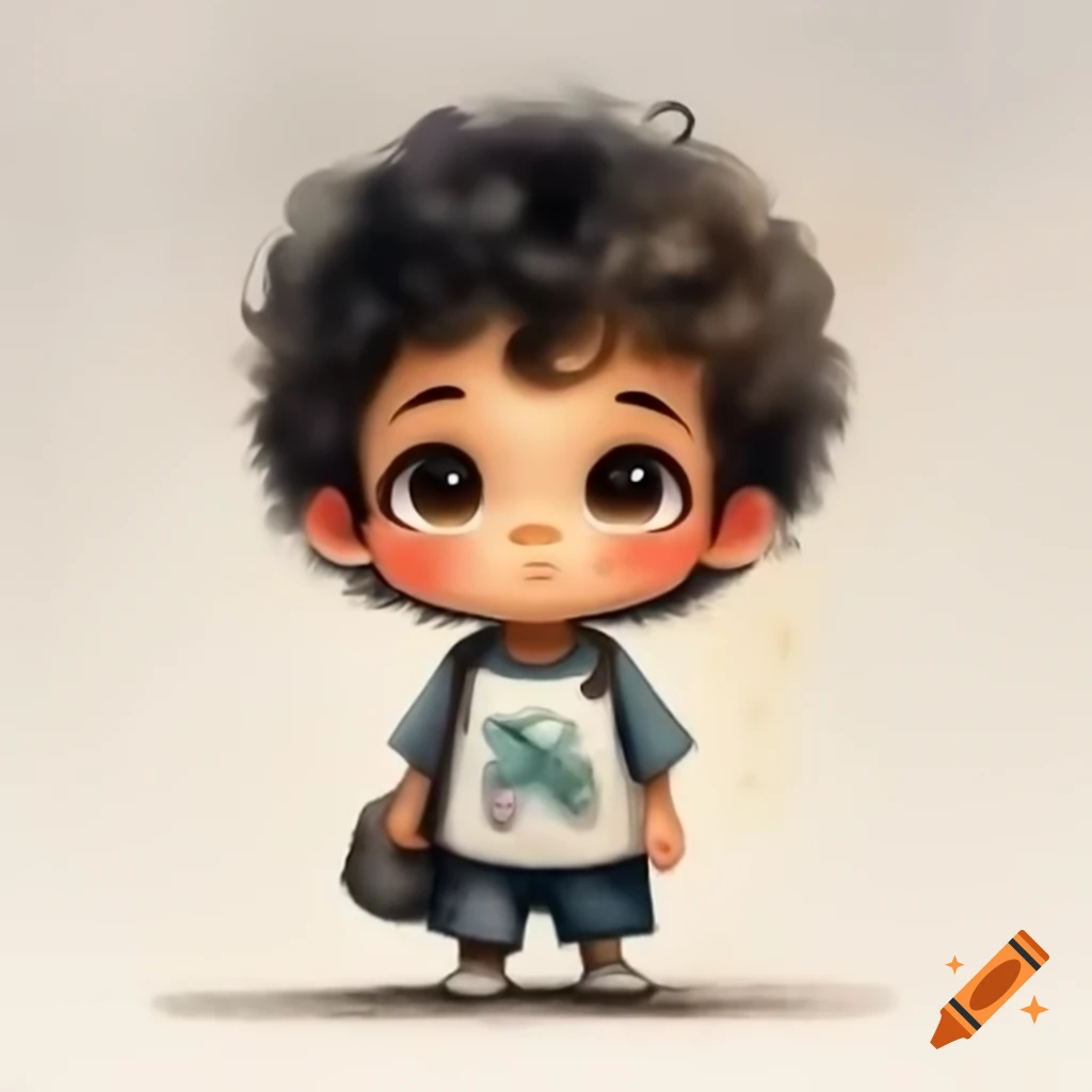 Cute chibi boy with bouncy black curly hair