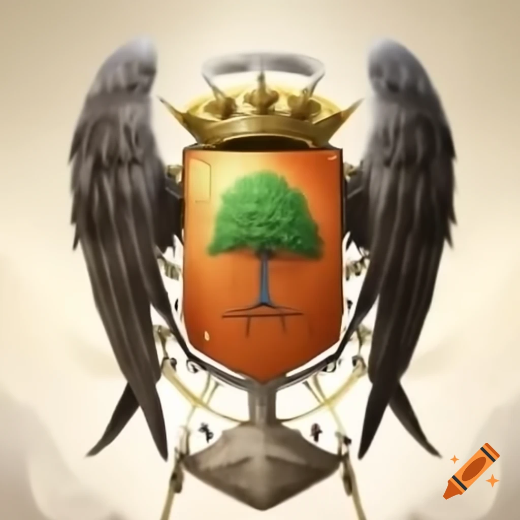 Coat of arms design featuring wings on shield with a central tree