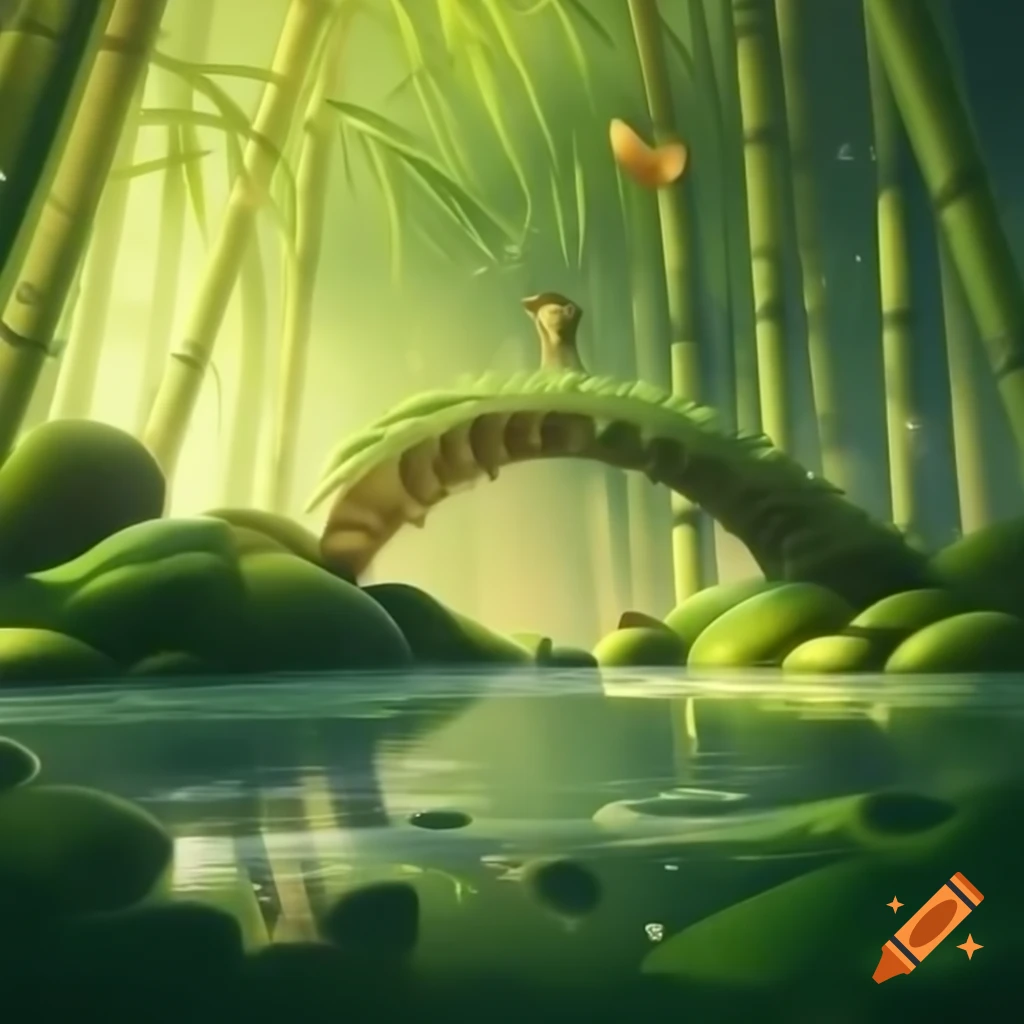 Bamboo arch bridge in lush green valley with intricate design