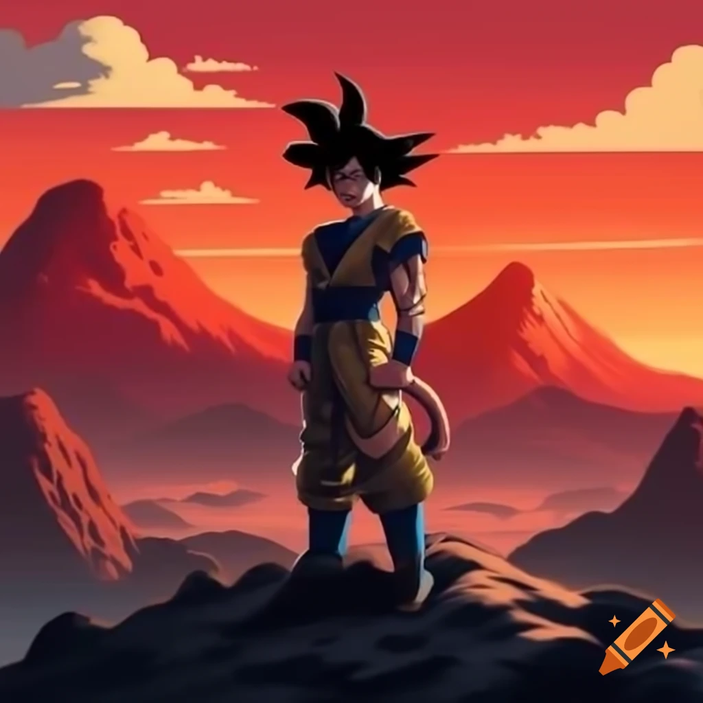 80's style rock album cover featuring super saiyan on mountain at sunset
