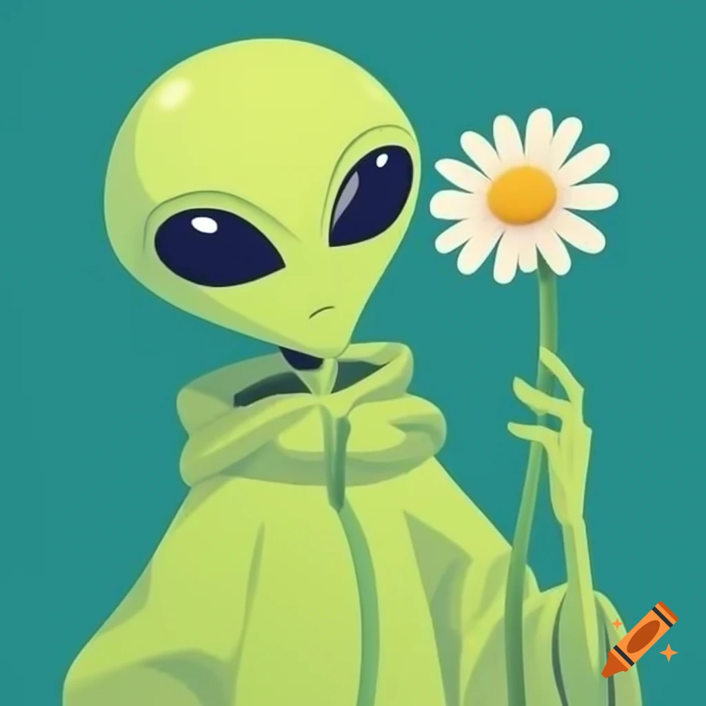 Green alien holding a daisy