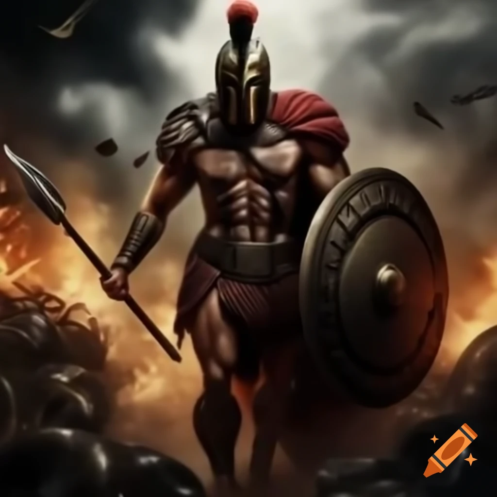 Spartan warrior amidst chaos, shrouded in smoke with roaring flames
