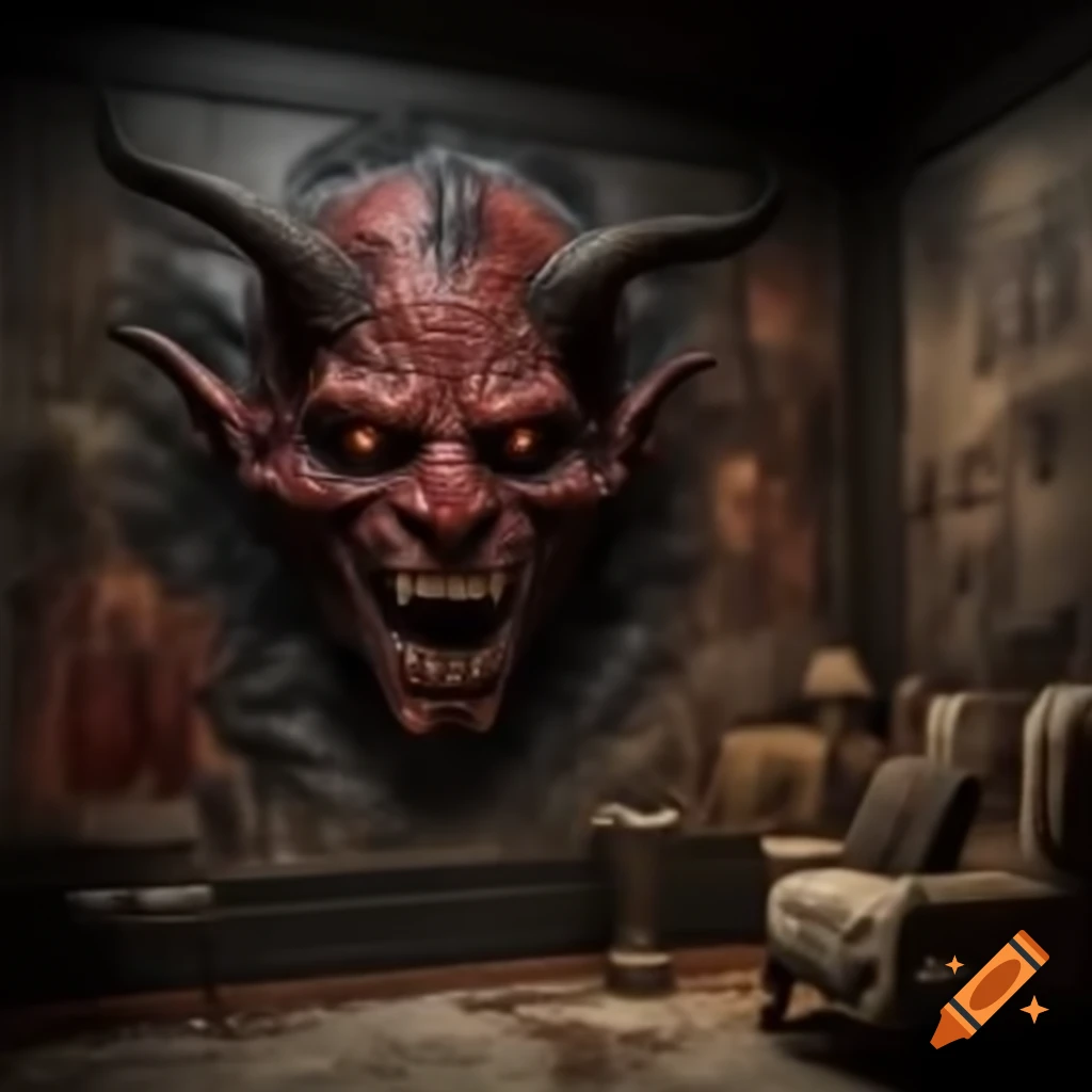 Realistic scary house room with demonic drawings on walls