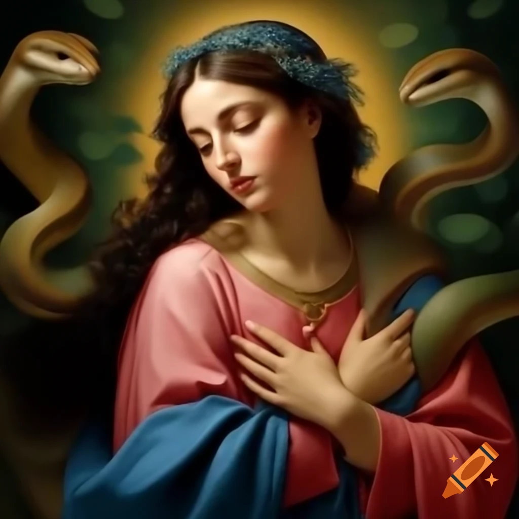 Virgin Mary Magdalene embraced by snake in lush garden, wearing blue-red clothes