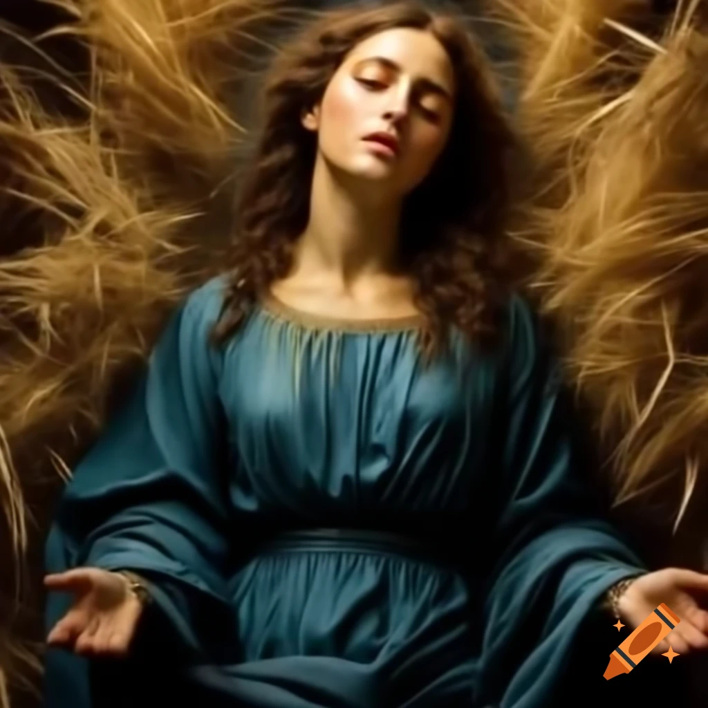 Virgin Mary reclining on straw, with a serene expression and flowing garment