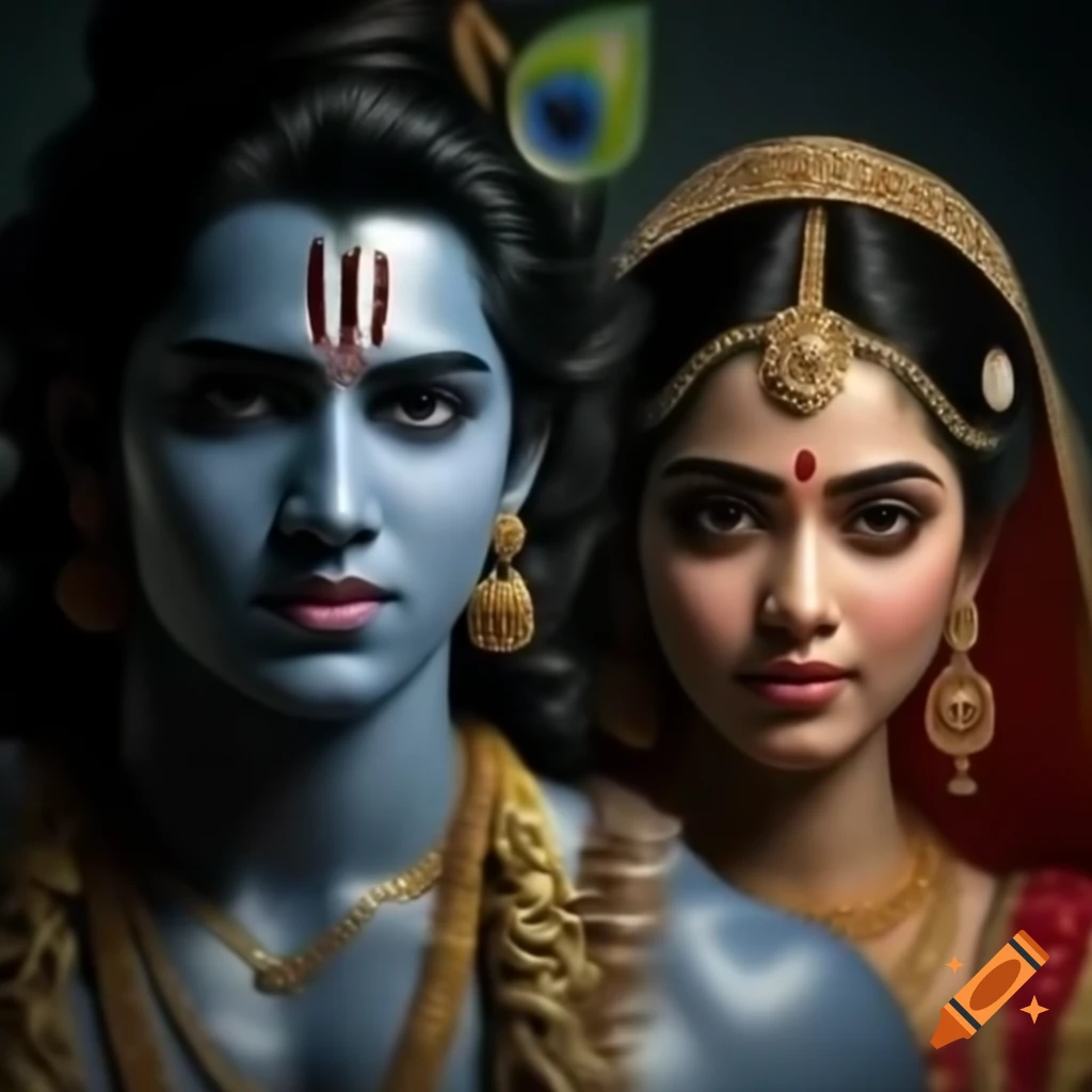 Radha and Krishna envisioned as hip-hop duo wearing golden necklaces, photorealistic