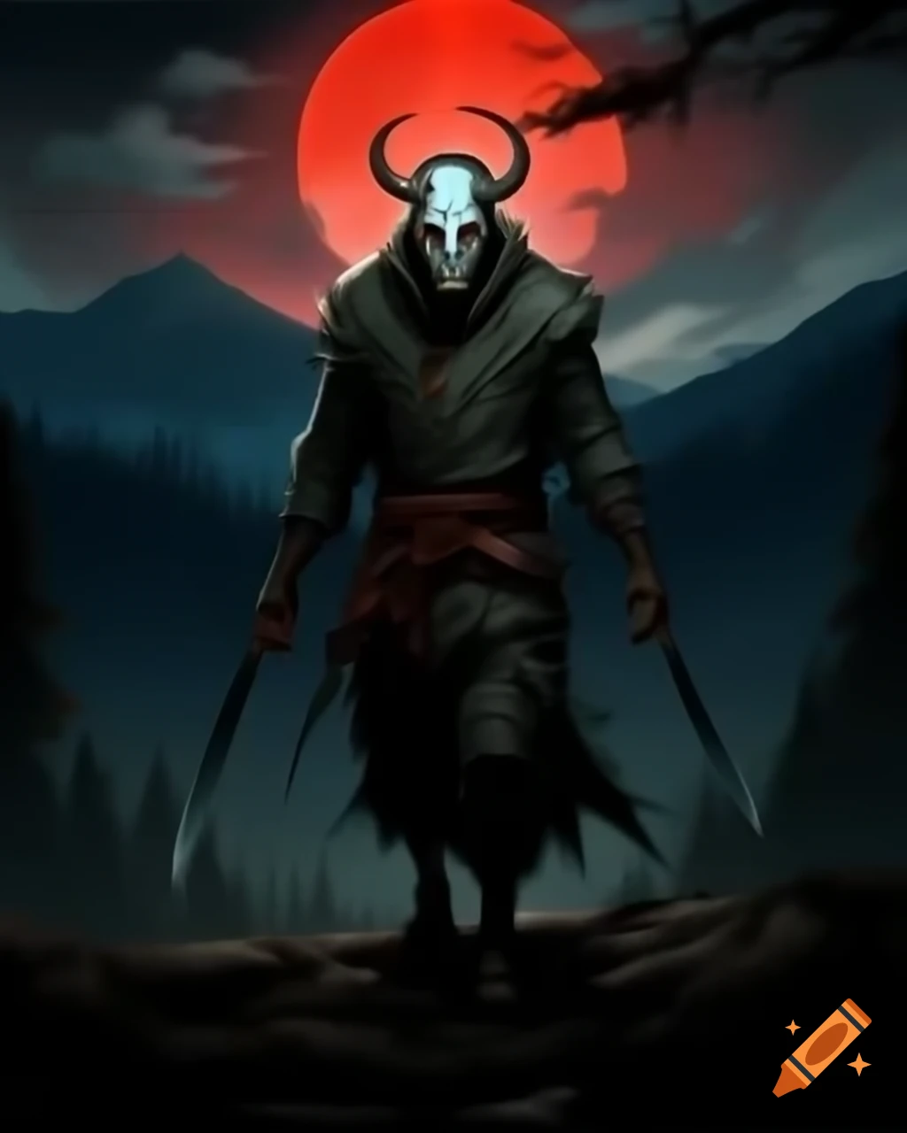 Ninja with ghost mask and dual blades in mountain forest against red moon, dark fantasy
